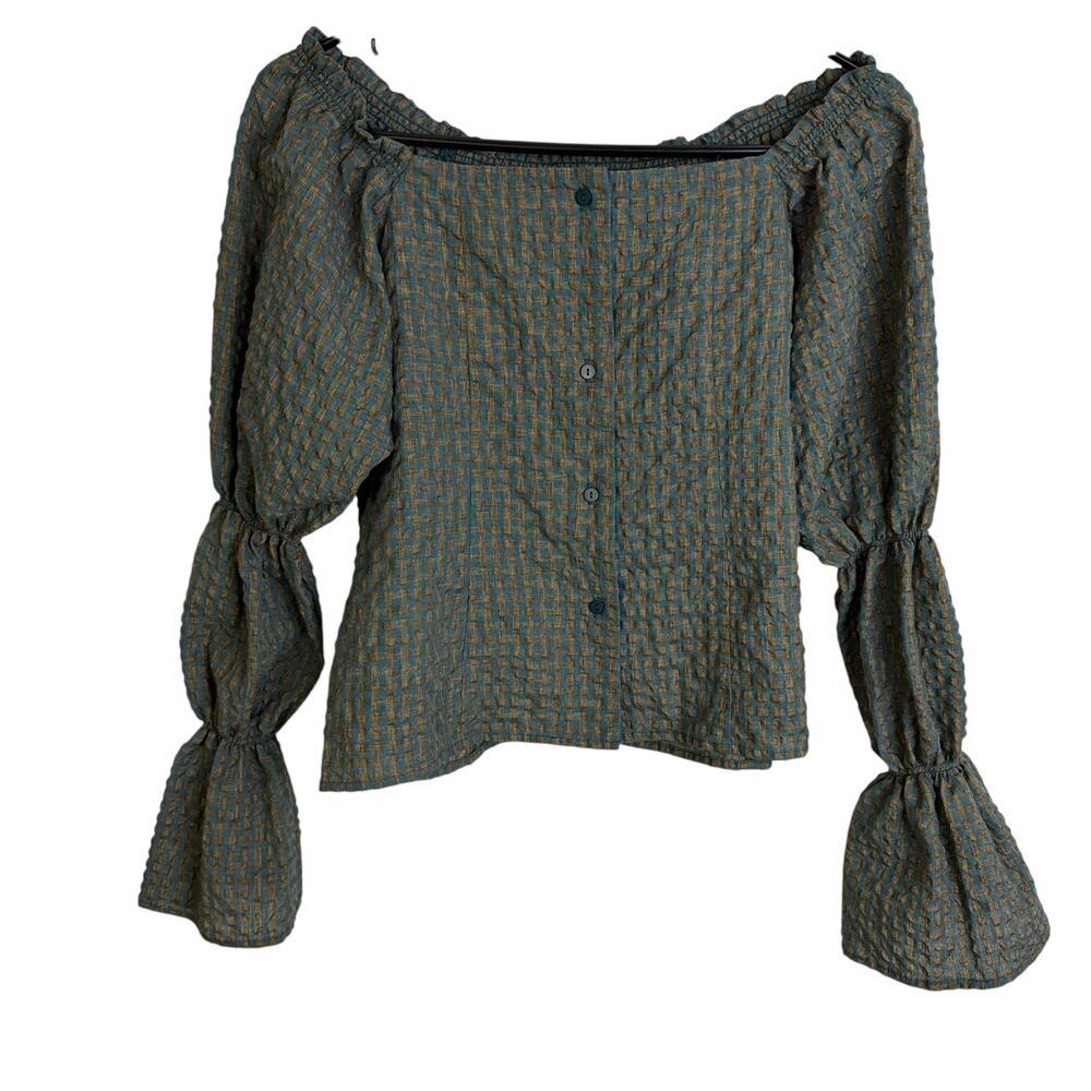 Kastane Japan Top Womens Medium Green Off Shoulder Gingham Green Olive Button